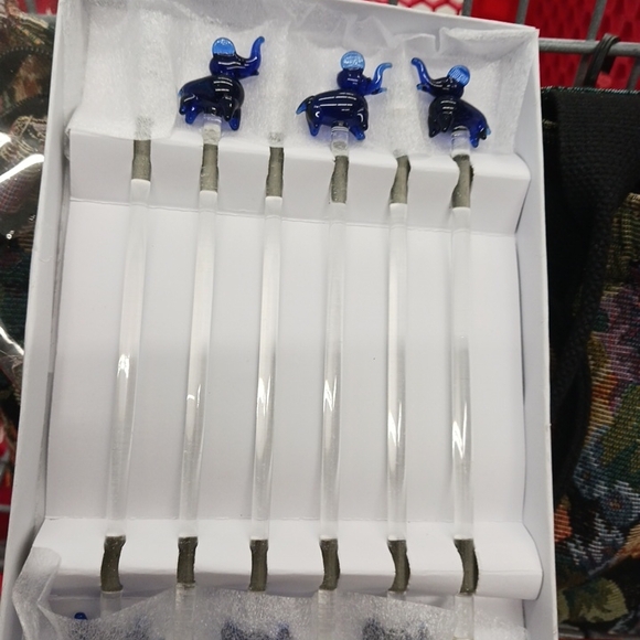Other - Set of Glass Swizzle Sticks with Blue Elephant Toppers
